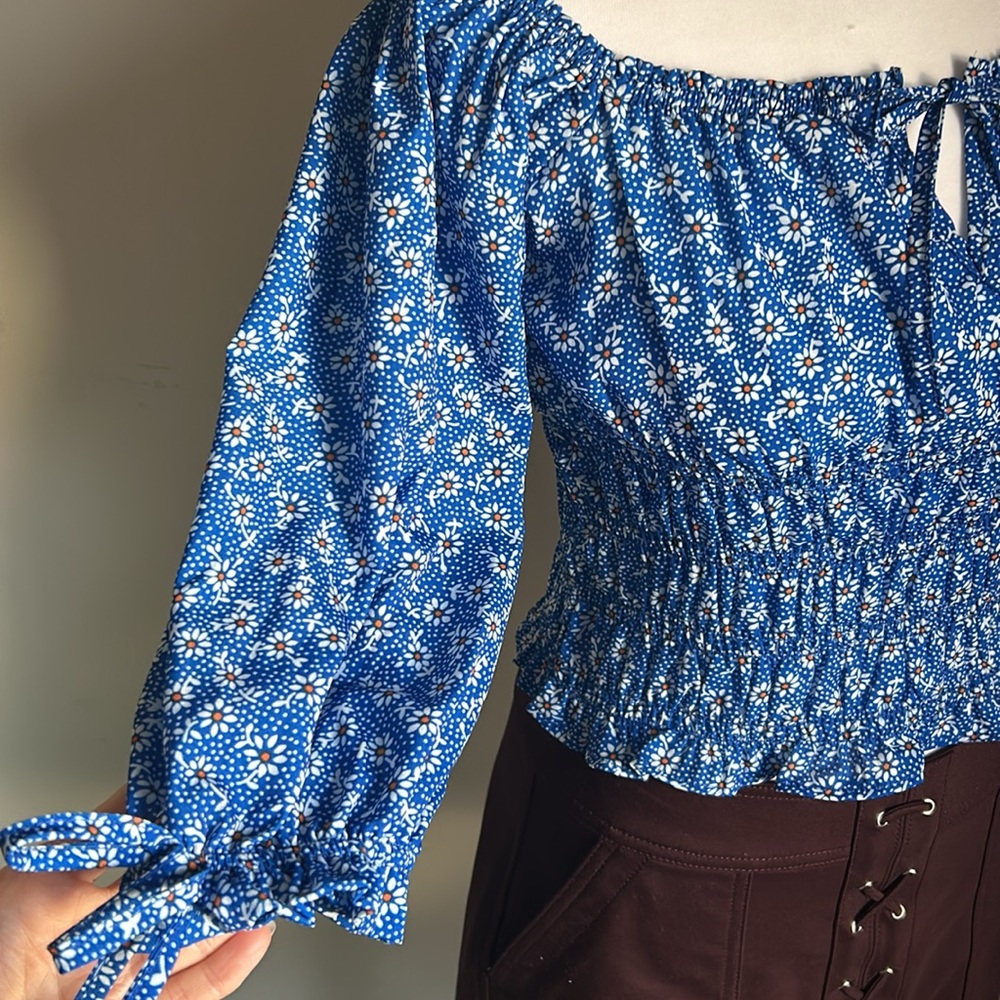 New Vigoss Women’s Smocked Drop Off the Shoulder Floral 3/4 Sleeve Peasant Top - Picture 5 of 12